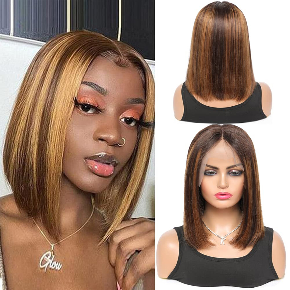 Bob Lace Front Wig Human Hair 13x4 Two Tone Ombre Highlight Brown Blonde Natural Hairline 8 Inch