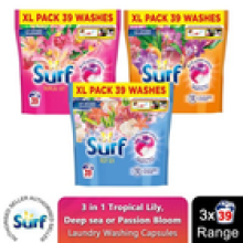 Surf 3in1 Laundry Washing Capsules Tropical Lily, Passion Bloom or Deep Sea3x39W