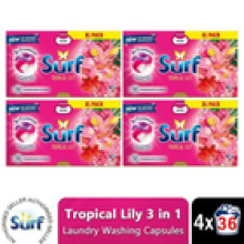 Surf 3 in 1 Laundry Washing Detergent Capsules Tropical Lily, 144 Washes