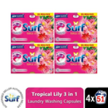 Surf 3 in 1 Laundry Washing Detergent Capsules Tropical Lily, 204 Washes