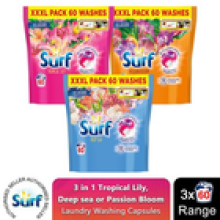 Surf 3in1 Laundry Washing Capsules Tropical Lily, Passion Bloom or Deep Sea3x60W