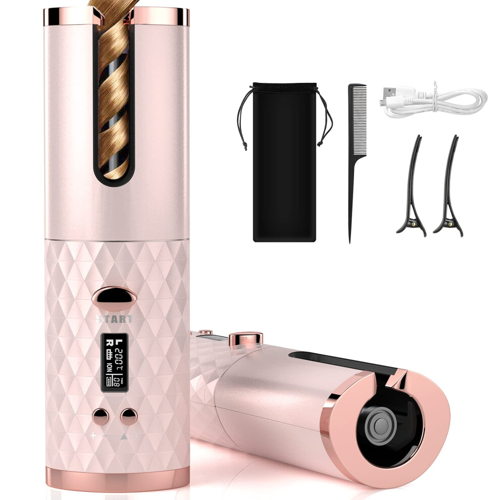 Cordless Automatic Curling Iron with Ceramic Barrel, Rechargeable Rotating Hair Curler, 6 Heat and Timer Settings, Dual Voltage Travel Use