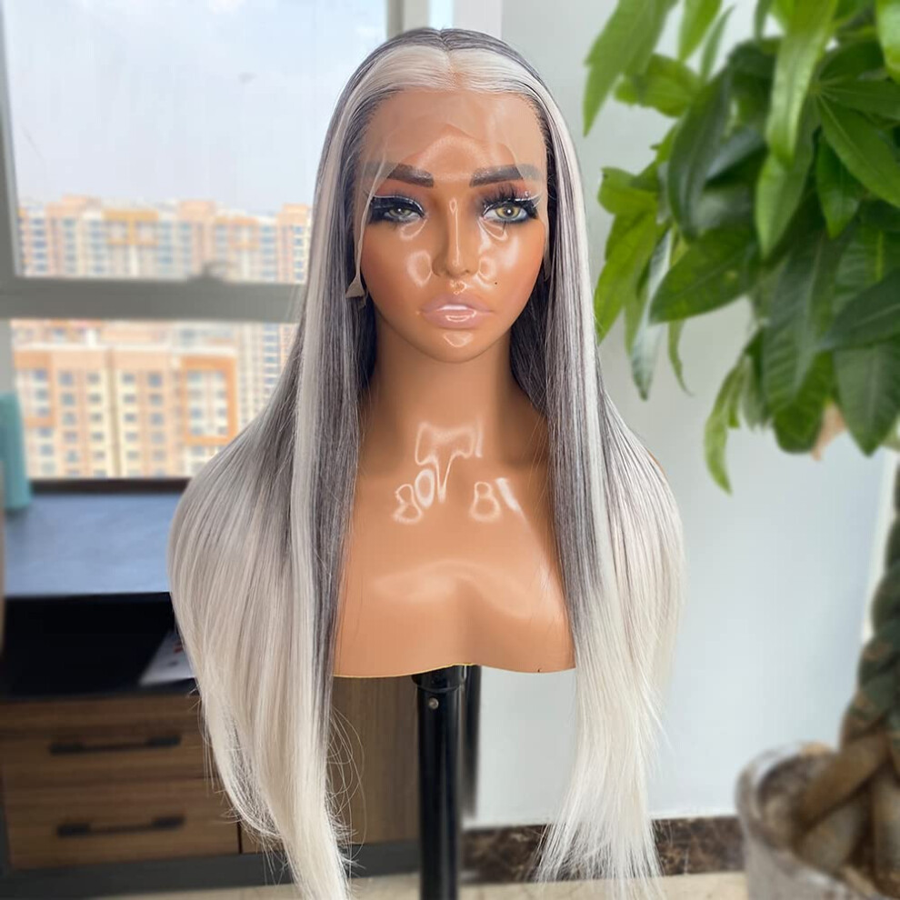 Platinum Blonde Lace Front Wig with Highlights, Long Straight Synthetic Ombre Hair