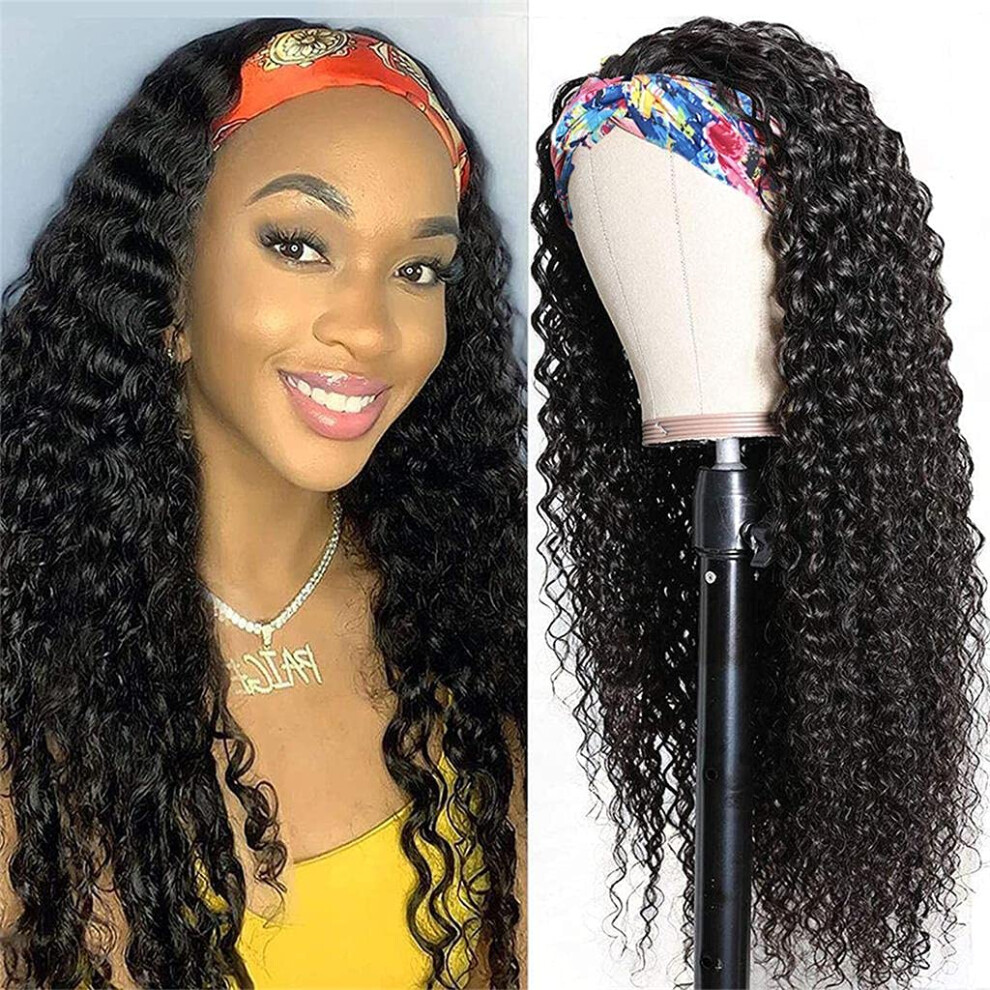 Unisex Headband Wig Brazilian Virgin Hair Glueless Deep Wave Human Hair Natural Hairline 12 Inch