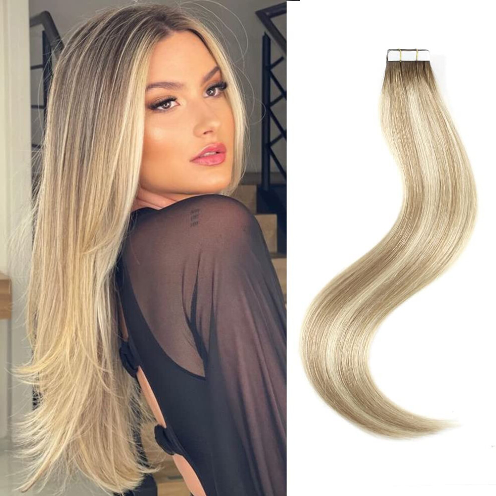 Unisex Brown 16 Inch Remy Human Hair Extensions Tape In To Chestnut Highlights Seamless 50G 20Pcs