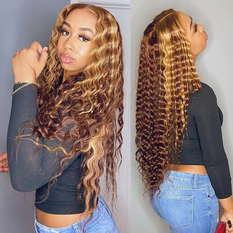 16 Inch Ombre Highlight Human Hair Lace Front Wig Deep Wave 4x4 Transparent Glueless Cap