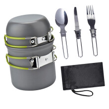 Ensemble de cuisine de camping Colaxi avec couverts, casserole et poêle compactes et multifonctionnelles, sac de transport et poignée pliable verte.