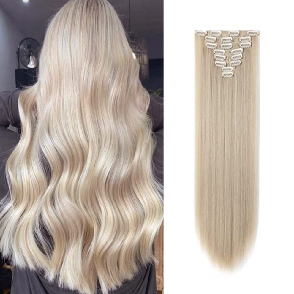 Unisex Clip In Hair Extensions Ash Blonde 26' Straight Synthetic Double Weft Seamless Natural Look
