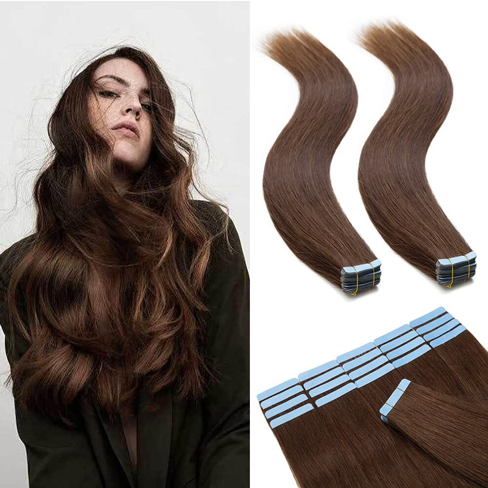 Unisex Brown Tape In Hair Extensions 12 Inch Medium Remy Human Hair Straight 40 Pieces 80G Seamless