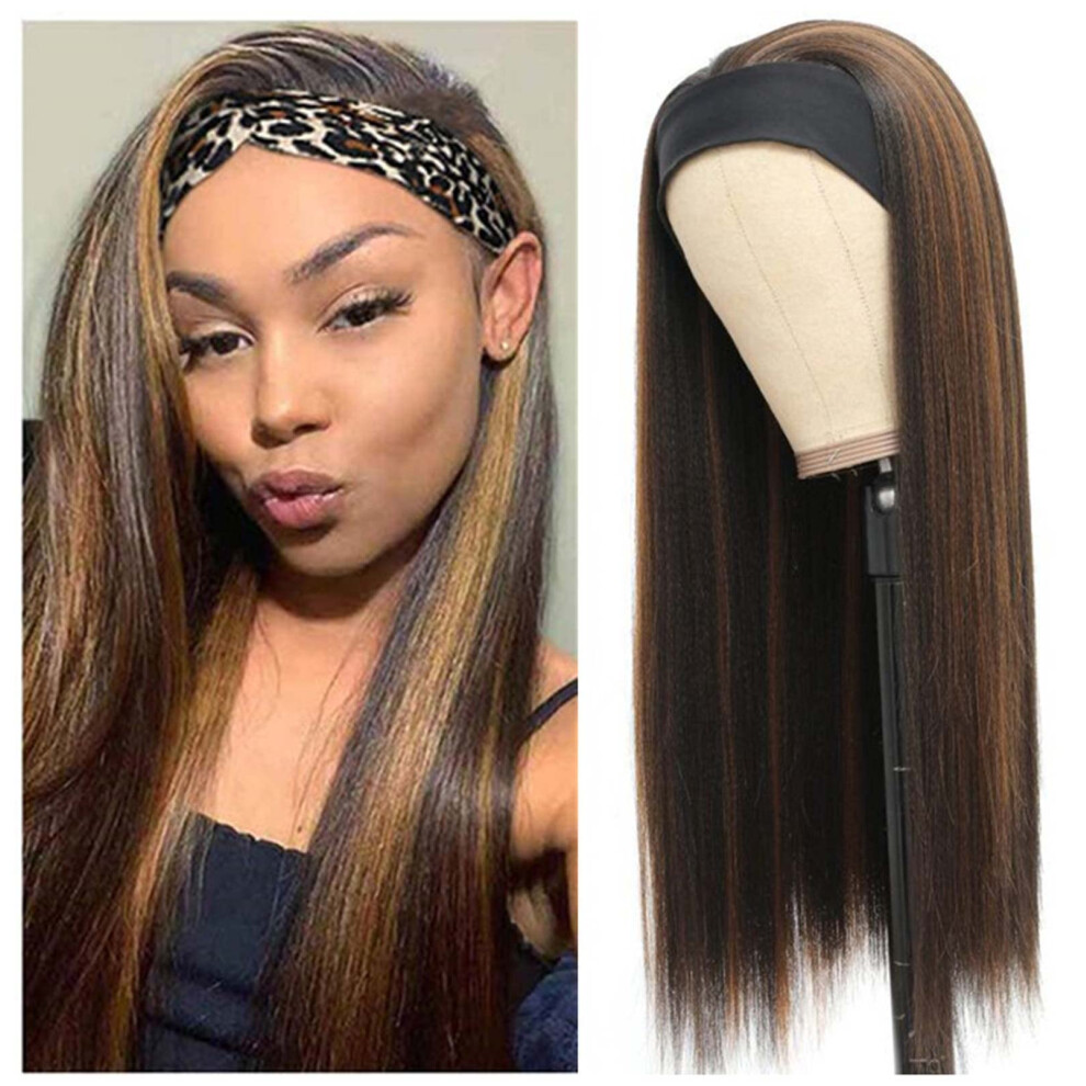 Unisex Black,Brown Headband Wig 18 Inch Straight Synthetic For Women Black Brown Highlights Glueless Heat Resistant