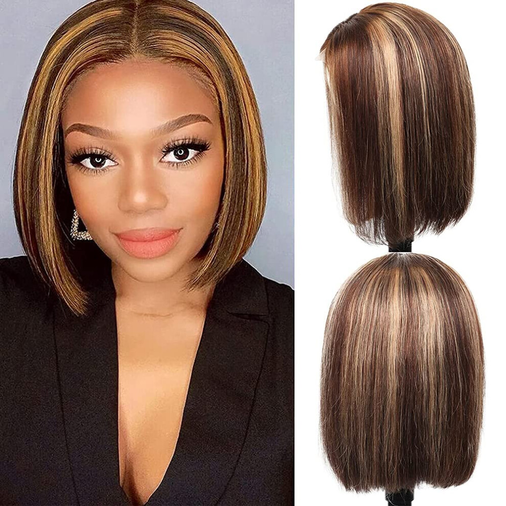 Unisex Black Human Hair Bob Wig Blonde Highlight Lace Front 180% Density Straight Virgin Hair 12' Preplucked