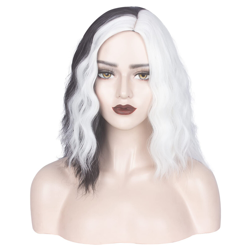 Unisex White,Black Wig Twotone Short Curly Wavy Black And White Synthetic Cosplay Hair 14'