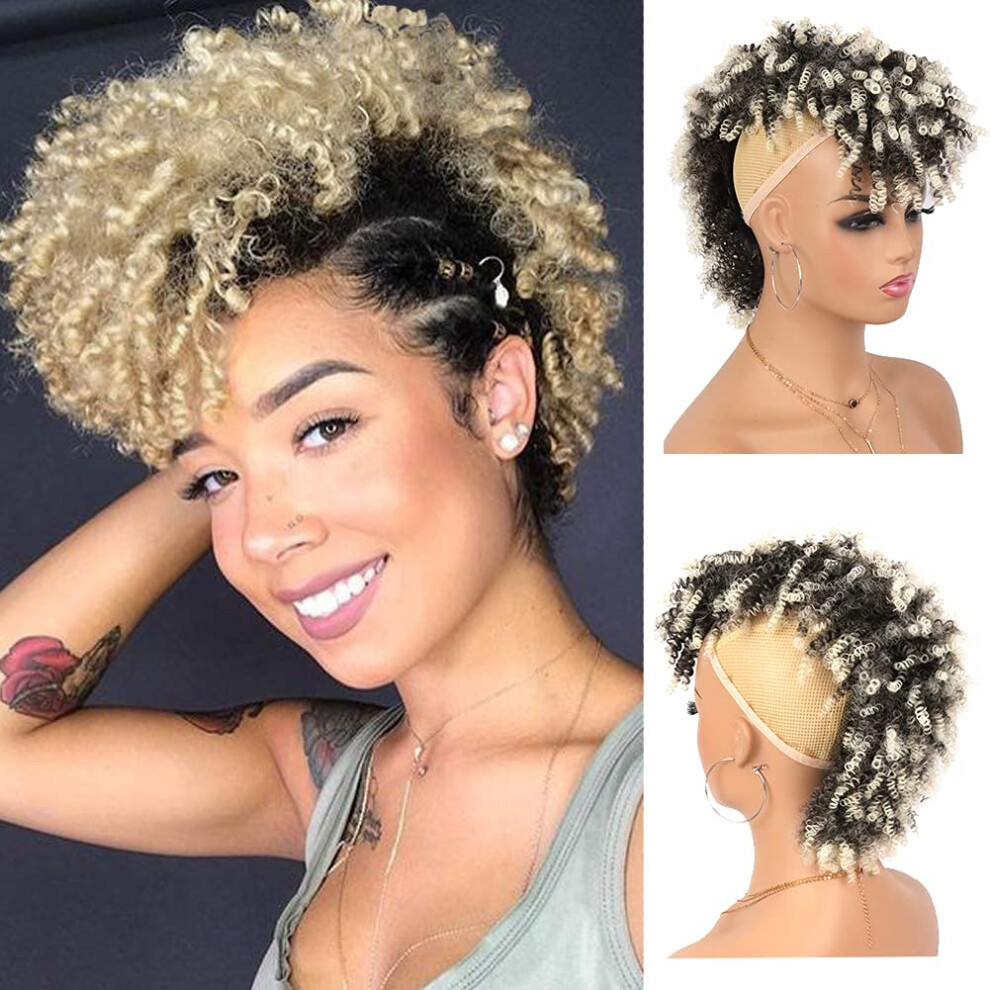 Unisex Afro Puff Clip In Ponytail With Bangs, Blonde Mohawk Curly Hair Extension, Short Synthetic Updo