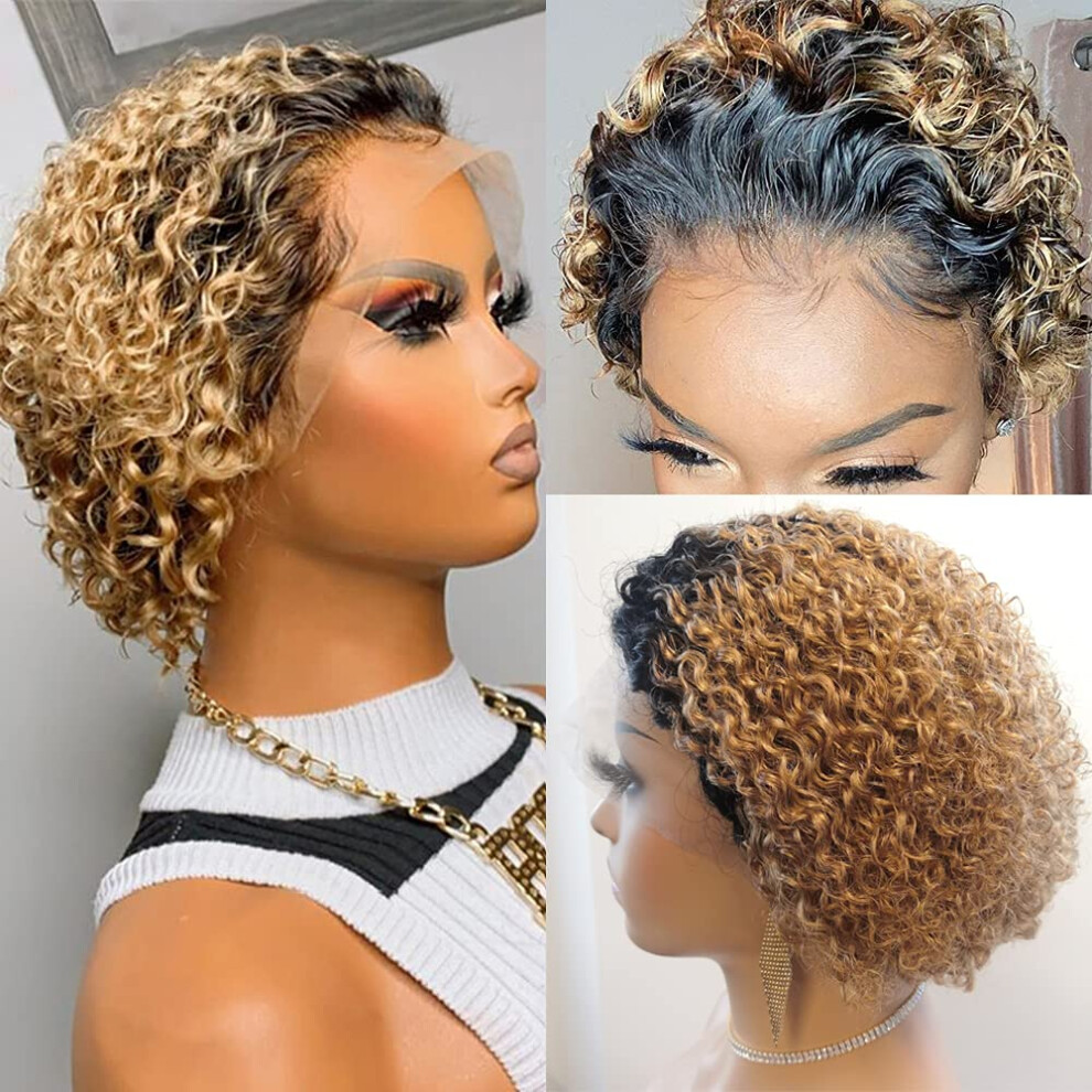 Unisex Curly Bob Wig 8 Inch Human Hair Lace Front With Natural Hairline 1B/27 Twotone Remy Hair