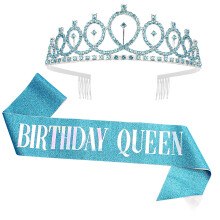 Blue Birthday Queen Sash and Rhinestone Tiara Set for Women Girls with Glitter Finish and Combs