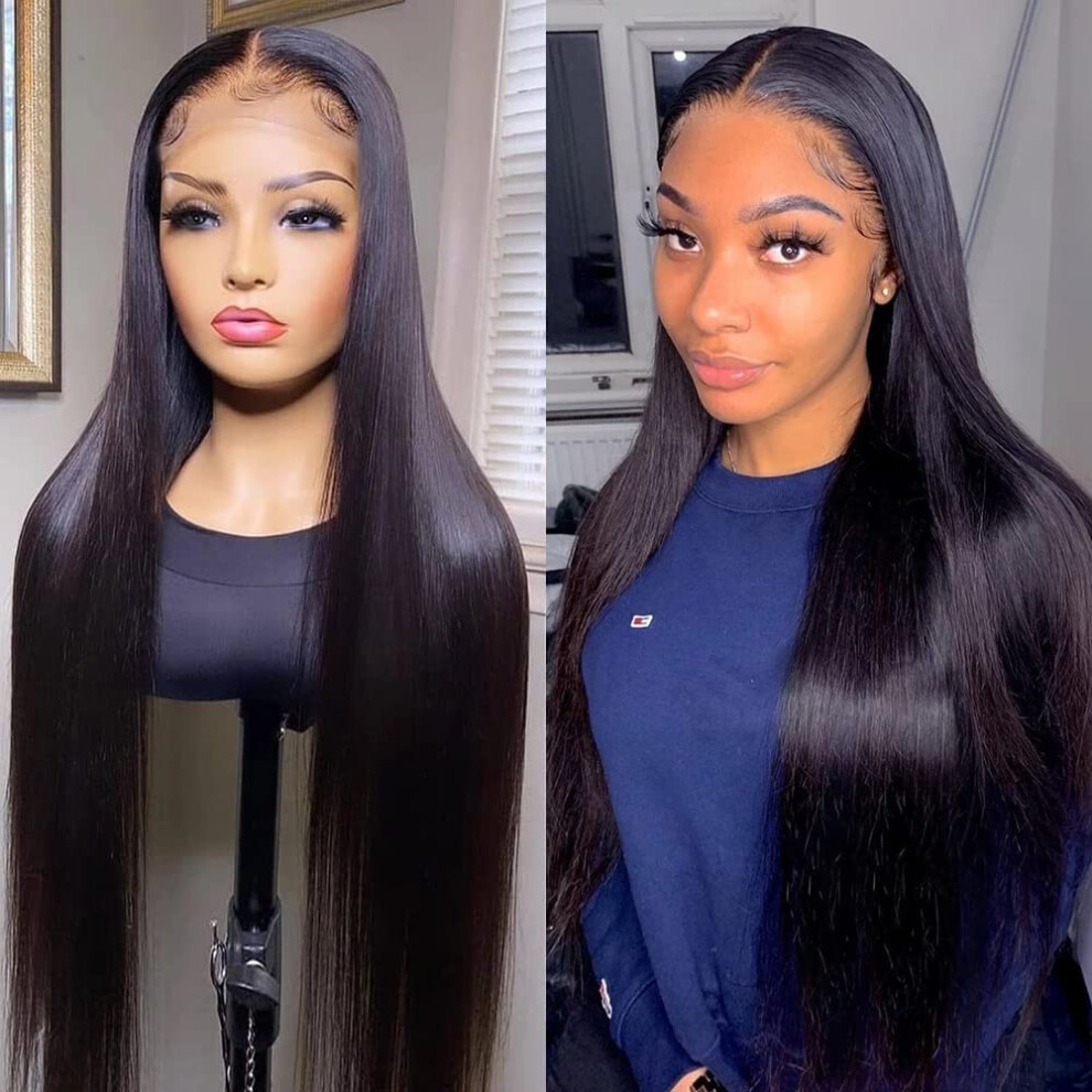 24 Inch Straight Lace Front Wig for Black Women Natural Black Glueless Synthetic Wig with Baby Hair
