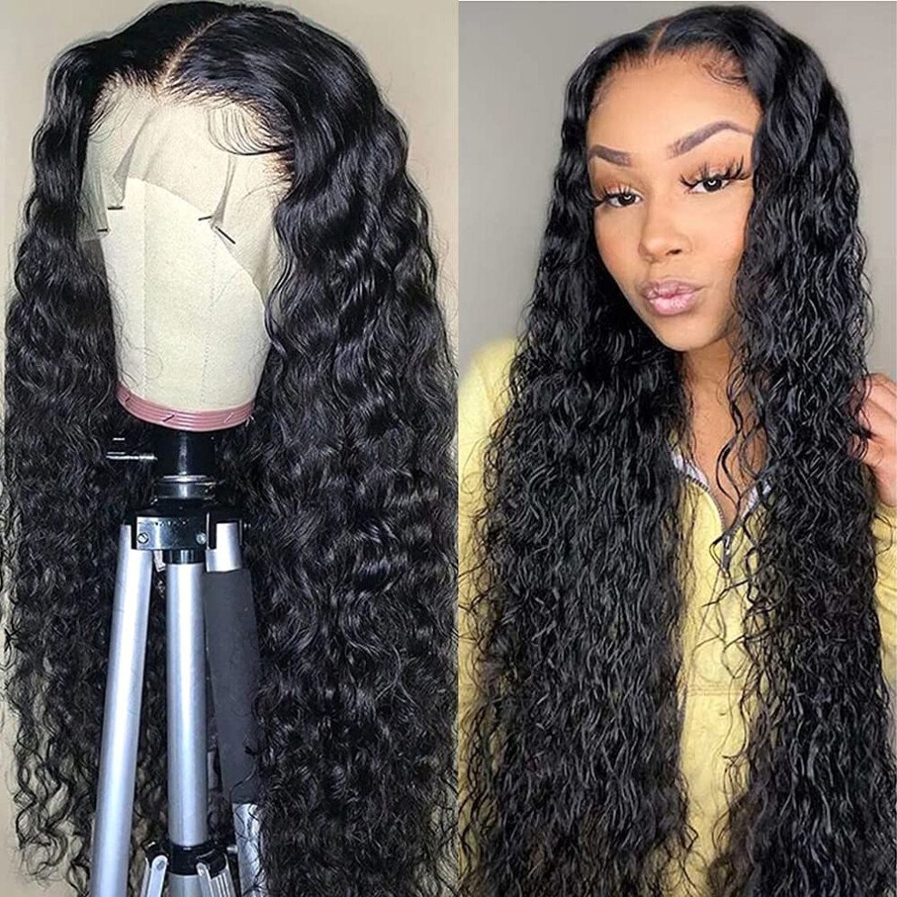 Unisex 13X4 Water Wave Lace Front Wig Brazilian Human Hair Pre Plucked Natural Hairline 24Inch 150% Density