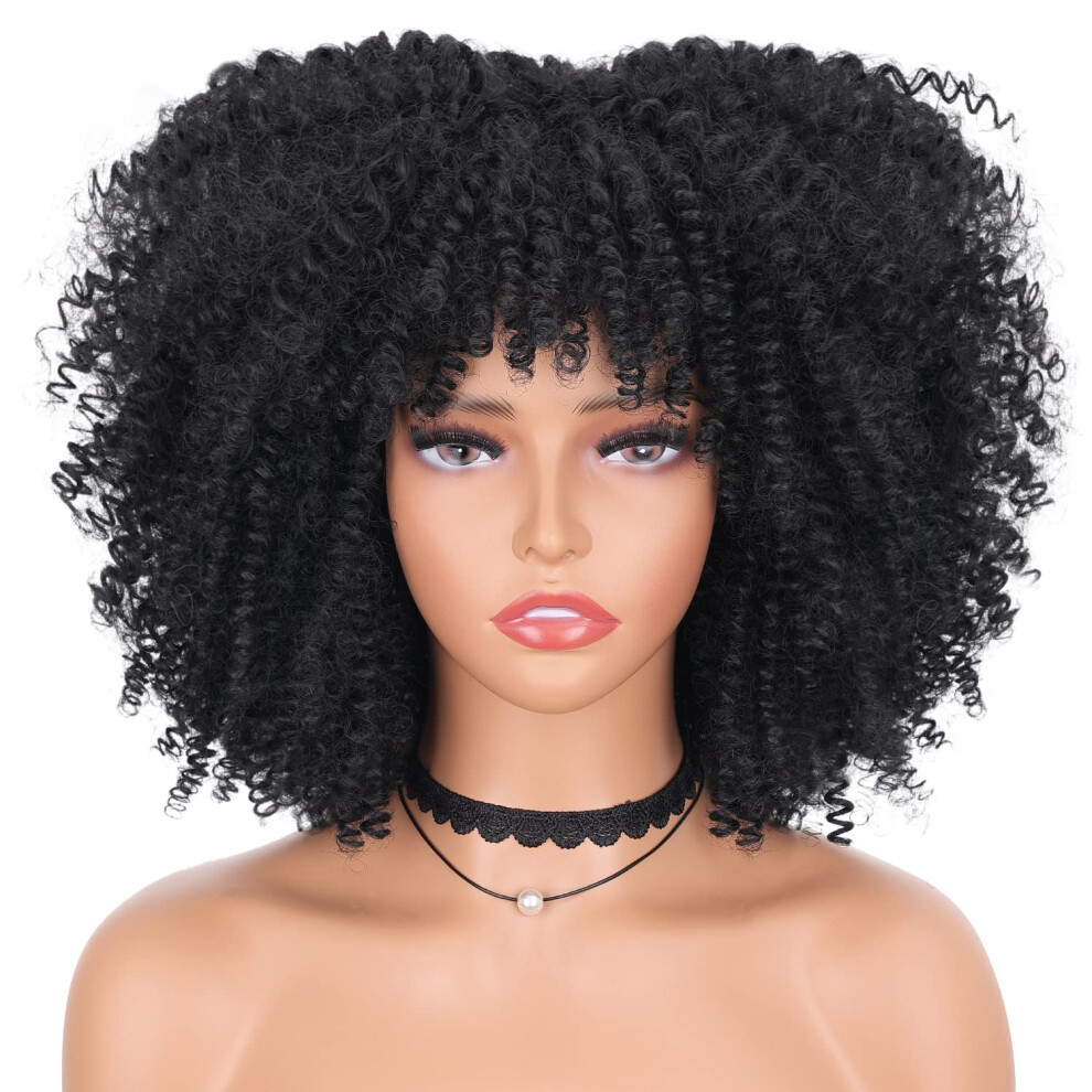 Unisex Black Curly Afro Wig For Women 10 Inch Synthetic Kinky Curly Wig With Bangs Lightweight Style