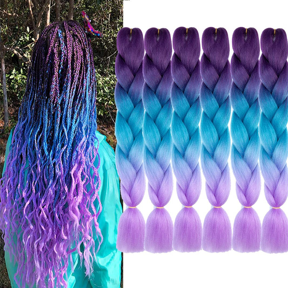 Unisex Blue,Purple 6 Bundles 24 Inch Ombre Jumbo Braiding Hair Extensions Purple To Blue Synthetic Heatresistant