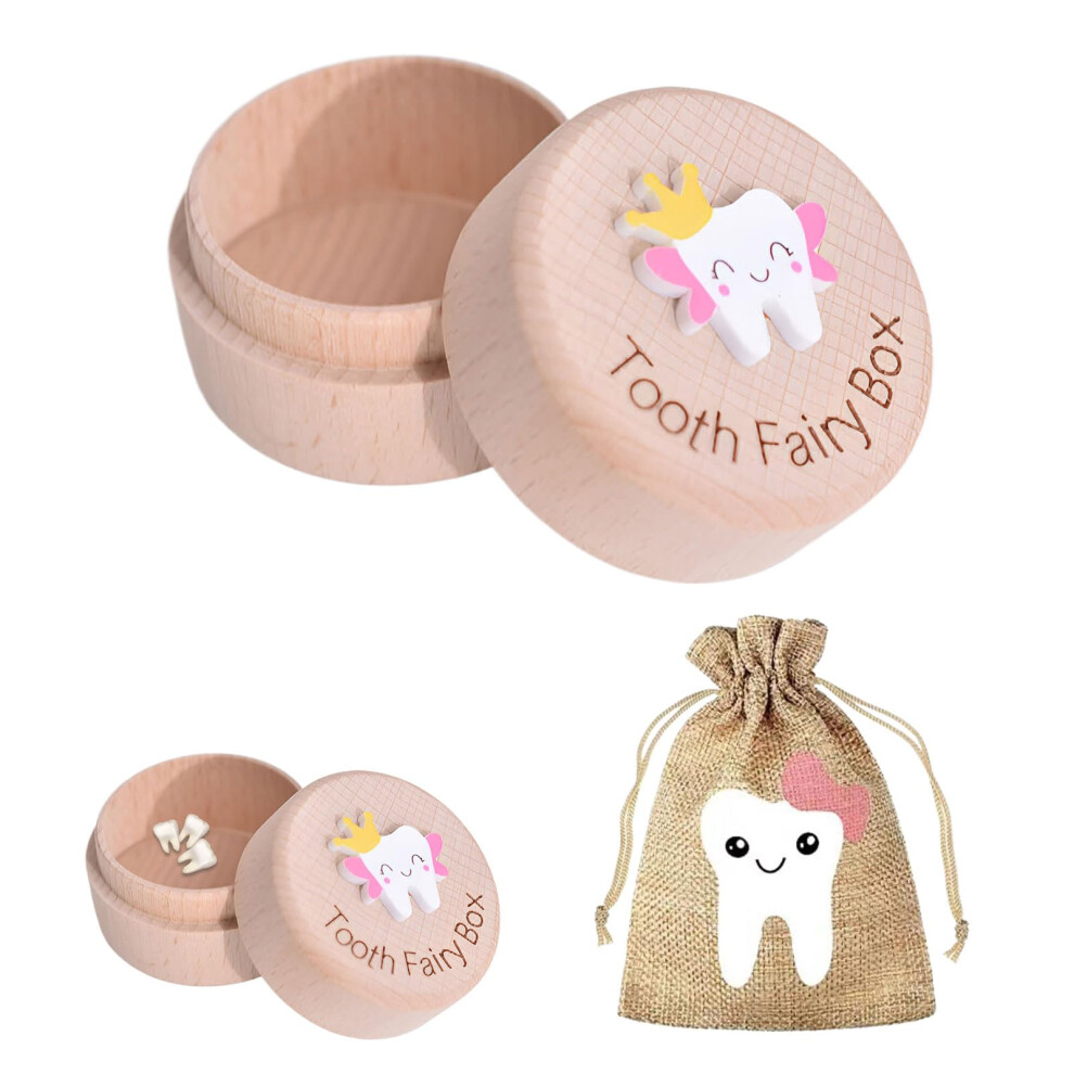 Tooth Fairy Box, 1 Pcs Tooth Box With 1 Pcs Fairy Bag, 3D Carved Wooden Teeth Keepsake, Teeth Pouch Holder For Girl, For Kids With Storage Bag Gift Halit
