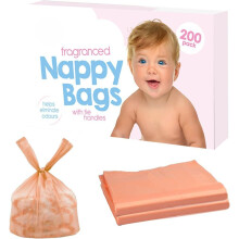 Fragranced Nappy Bags 200 Pack | Baby Nappy Disposal with Odour Elimination | 31x28cm Tie-Handle Bags | Perfect for Home, Travel & Daycare