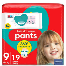 Essential Baby Care Bundle - Baby Dry Nappy Pants Size 9 (19kg+) 19 Pants & Wipes 52s for Overnight Dryness, Comfort Fit & Gentle Cleaning
