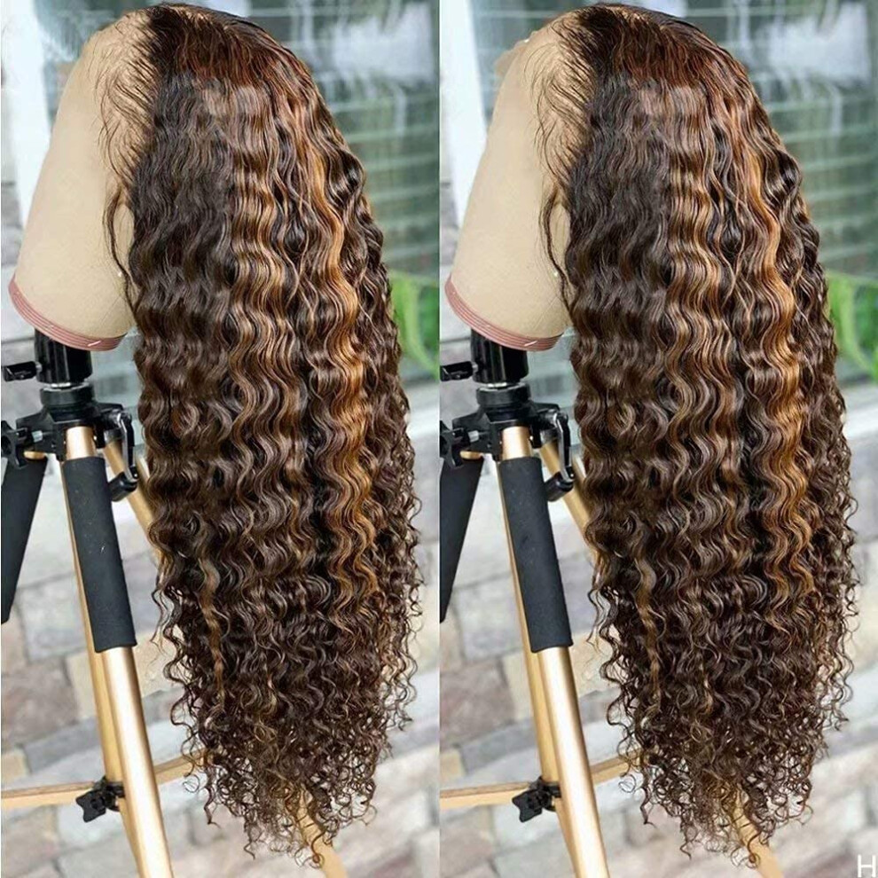 Unisex 14 Inch Curly Brazilian Human Hair Lace Front Wig Highlight Ombre #4/27 Glueless 150% Density
