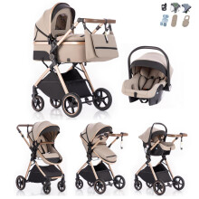 Kakbgee 3 in 1 Travel System, Foldable Pram, 7 Height-Adjustable Handle, Stroller 4-PU Wheel Suspension, Baby Buggy with Mosquito Net Raincover, Newb