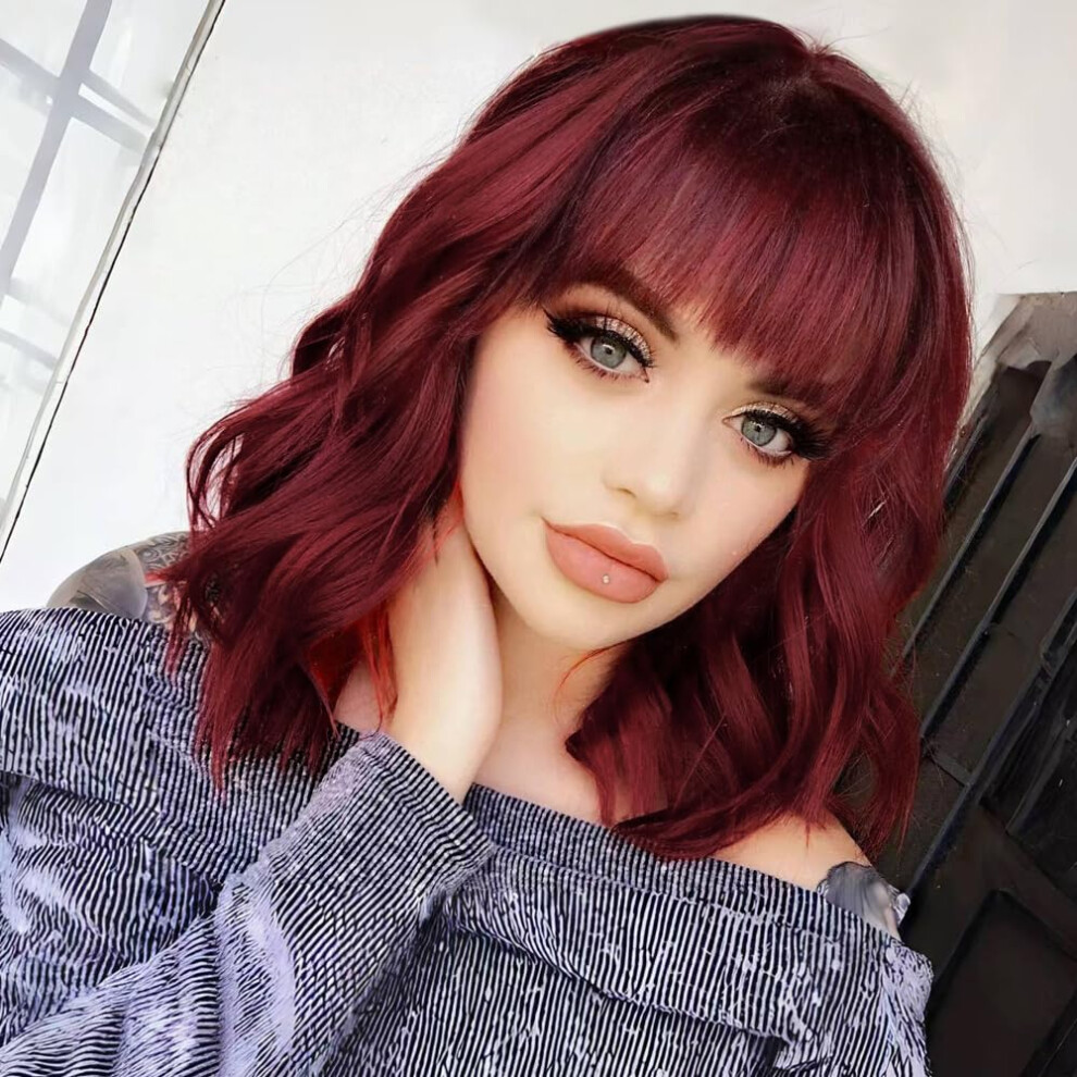 Unisex Red Bob Wig With Bangs, Short Curly Burgundy Synthetic Wig, 14 Inch Shoulder Length Natural Waves