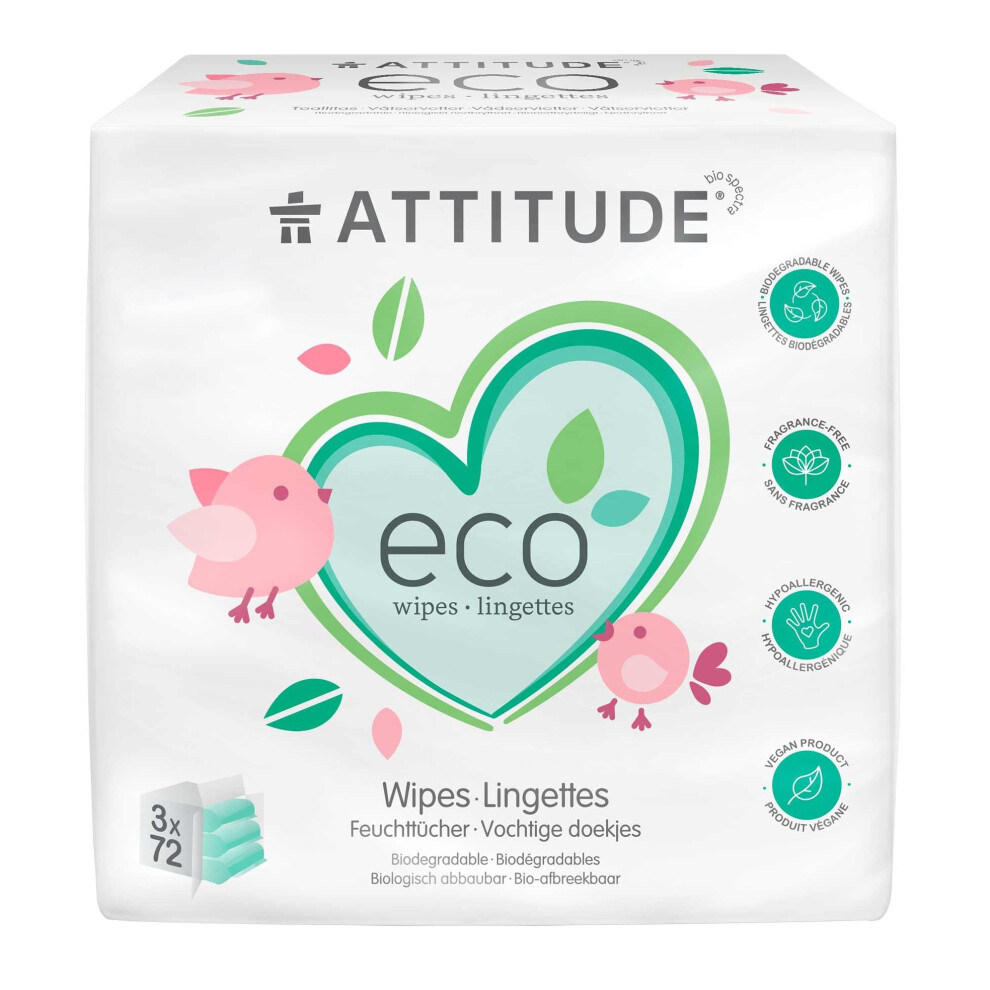Biodegradable Baby Wipes, Plant Based Unscented Diaper Wipes For Babies And Newborn, Dermatologically Tested, Vegan, 72 Count (Pack Of 3) Attitude