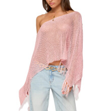 SANSIWU Womens Sheer Poncho Shrug Sequin Knit Poncho Fringe Hem Off Shoulder See-through Mesh Crochet Cape Beach Cover Ups (A-Pink, M)