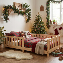 ecoMI Children's Bed with Fall Protection and Slatted Frame, Montessori Floor Bed, Solid Pine Wood Bed, Single Bed, Natural, 90 x 200 cm