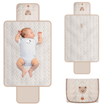Portable Nappy Changing Mats with Storage Pockets, Foldable Diaper Travel Pad Changing Station 70 x 50 cm Beige with Bear Design for Boys and Girls T