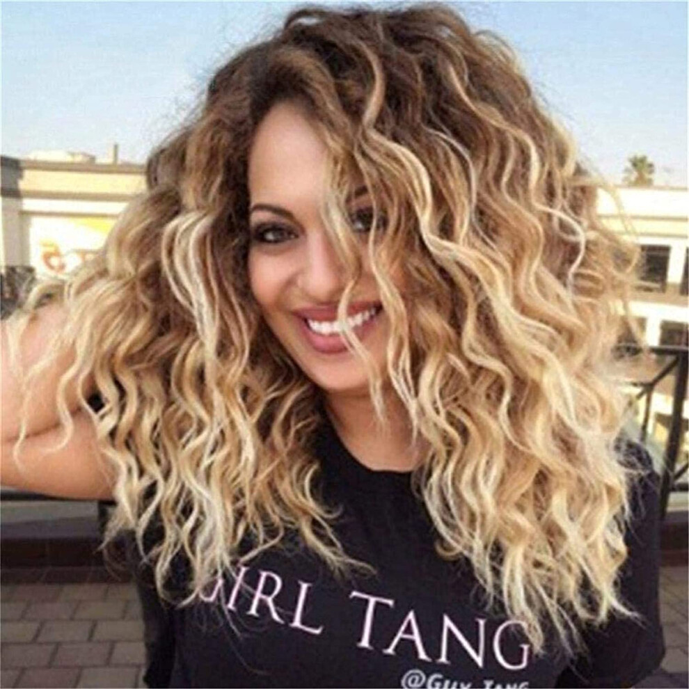 Unisex Black,Brown Wigs For Black Women Synthetic Lace Front Ombre Brown To Blonde Short Kinky Curly Afro Wig