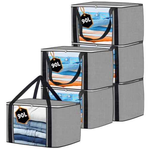 KURNI Storage Bags Clothes 6 Pack Grey, Large Moving Boxes With Top