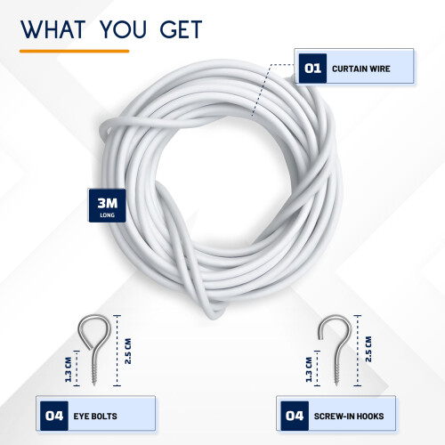 Dikots Net Curtain Wire and Hooks Set - 3 Meter Curtain wire kit with 1
