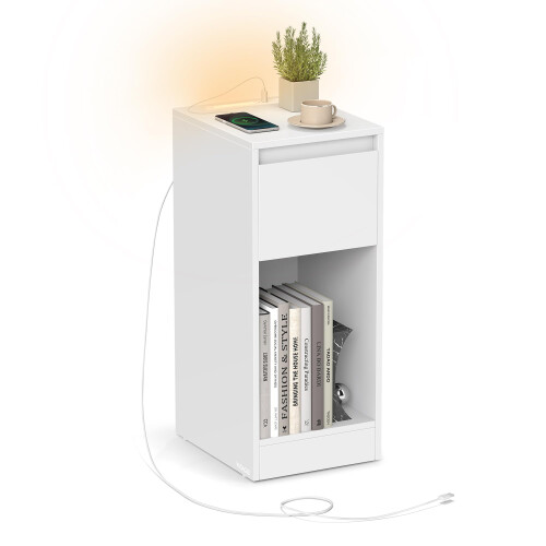 VASAGLE VASAGLE Slim Bedside Table with Charging Station and LED Light, Narrow