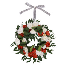 Künstlicher Pfingstrosenkranz (40 cm) mit grünen Blättern, Vintage-Seidenkranz mit blühenden Pfingstrosen für Haustür, Hochzeit,