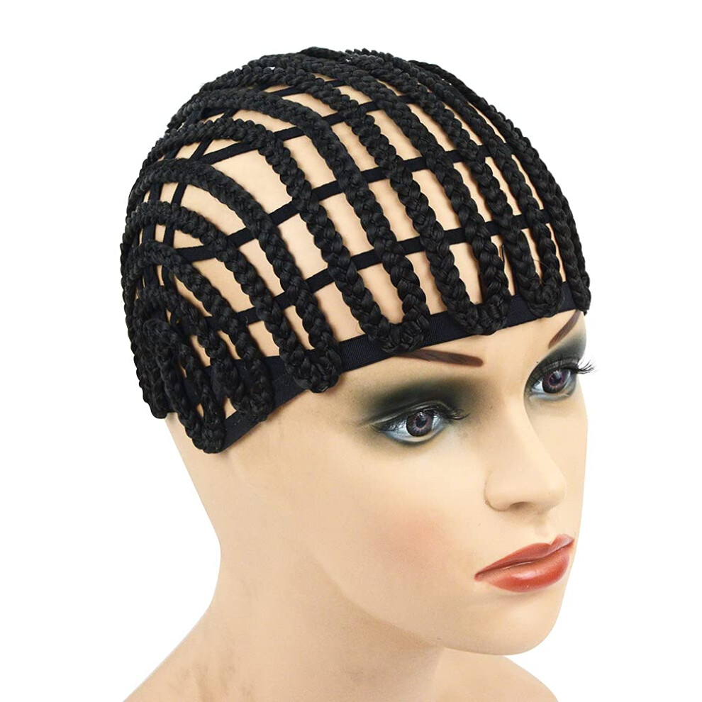 Unisex Black Braided Wig Cap With Adjustable Elastic Headband And Clips For Crochet Braids And Wig Making
