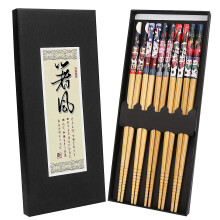 5 Pairs Natural Reusable Bamboo Chopsticks with Fortune Cat Pattern,