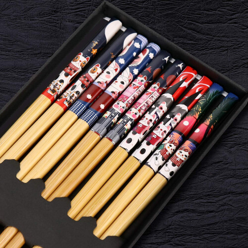5 Pairs Natural Reusable Bamboo Chopsticks with Fortune Cat Pattern, 2