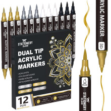 STATIONERY ISLAND Acrylic Paint Pens 12 PCS – Metallic Gold Silver Whi