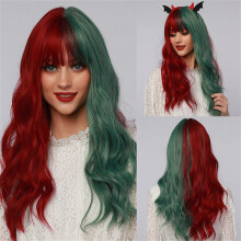 Cosplay Wig Half Red Half Green Long Wavy Heat Resistant Synthetic Fiber with Bangs for Halloween