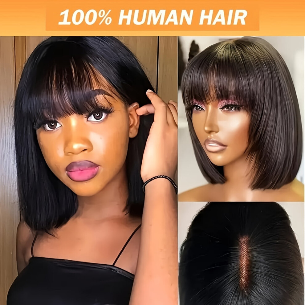 Bob Wig With Bangs Human Hair 150% Density, 2x1 Straight Glueless Lace Front, Pre Plucked with Baby Hair, Compatible with Women