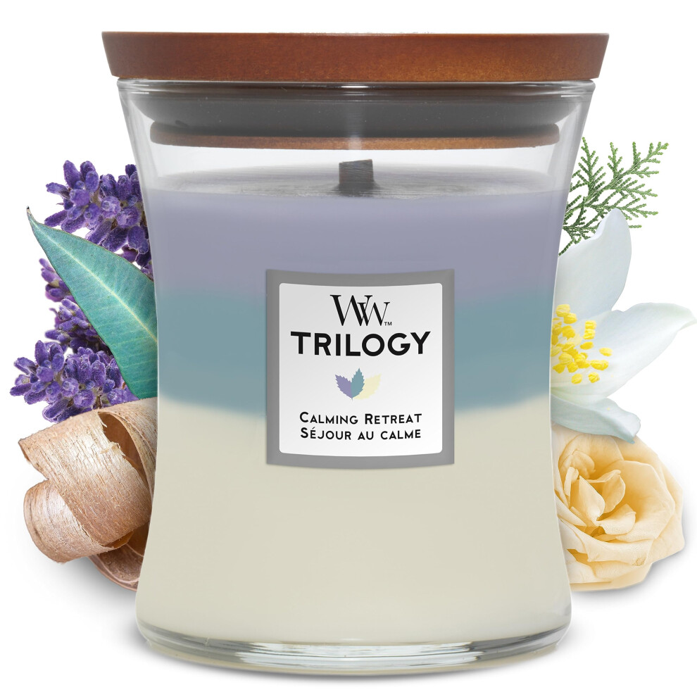 Woodwick Medium Hourglass Trilogy Scented Candle | Calming Retreat | With Crackling Wick | Burn Time: Up To 60 Hours