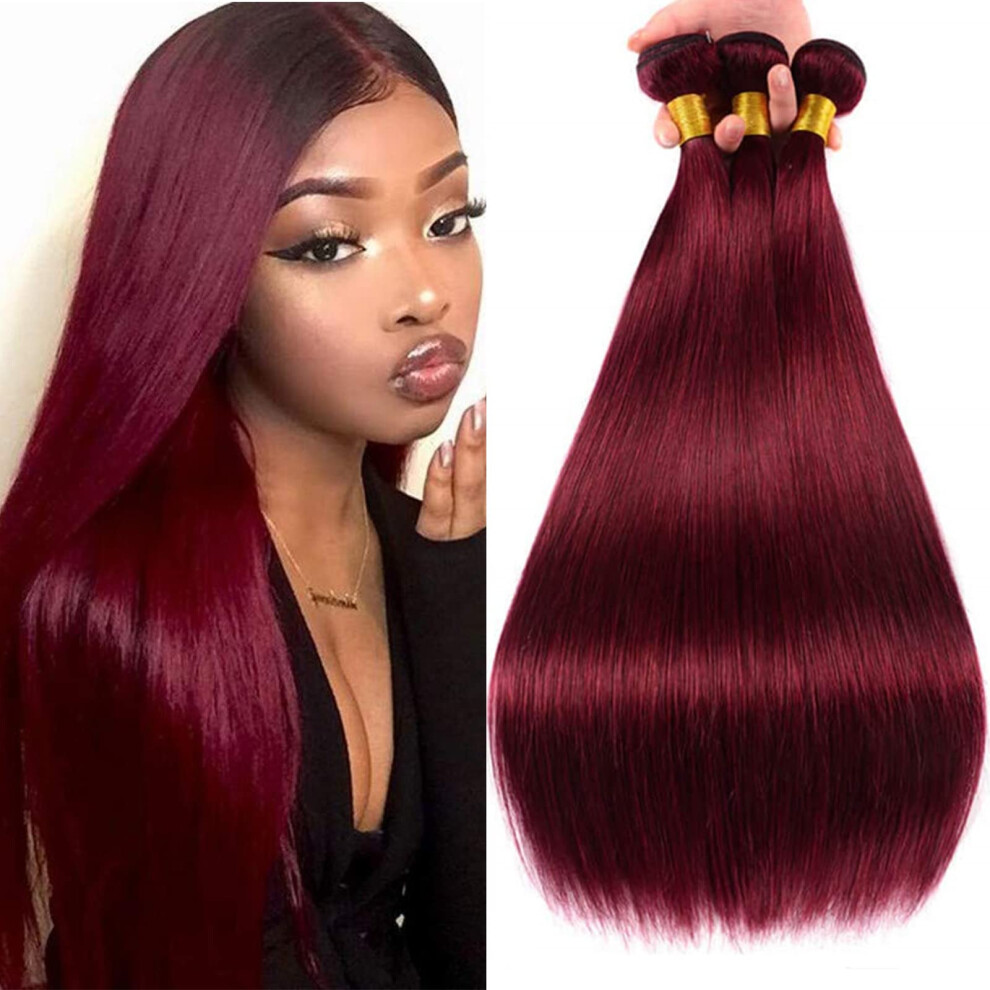 Unisex Red Brazilian Remy Human Hair 3 Bundles 99J Wine Straight Extensions Double Weft Tangle