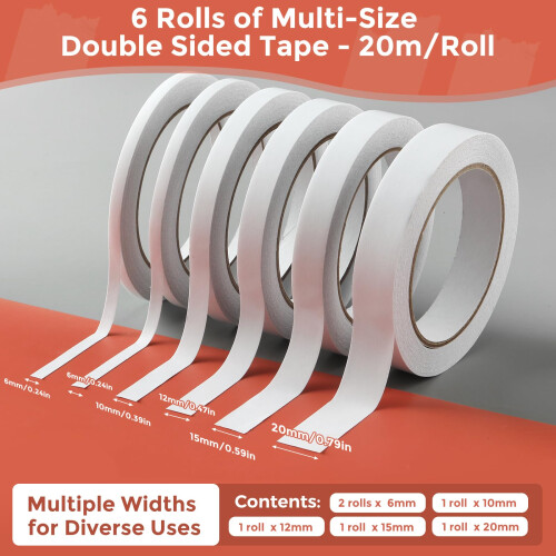 SADOKNS 6-Roll Double Sided Tape (120m Total) - Assorted Widths: 1