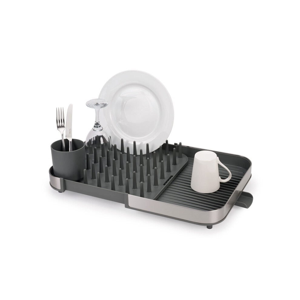 Joseph Joseph Duo Expanding Dish Drainer Rack With Removable Cutlery Holder, Draining Spout, Stainless-Steel/ Grey