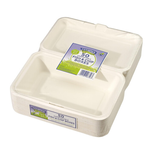 Caterpack Enviro Range Fish + Chip Boxes 6 x 9 50 pack. Disposable,