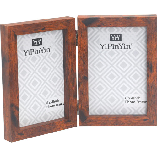 Hinged Double Photo Frame 6x4,Rustic Wood Effect 4x6'' Double Picture